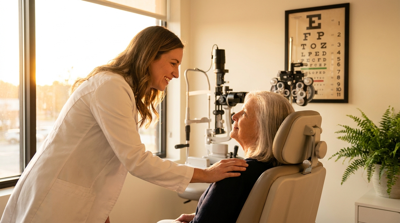 A friendly female optometrist warmly greeting an elderly female patient in a modern optometry exam room, with a slit lamp and phoropter visible in the background. Soft golden-hour light.